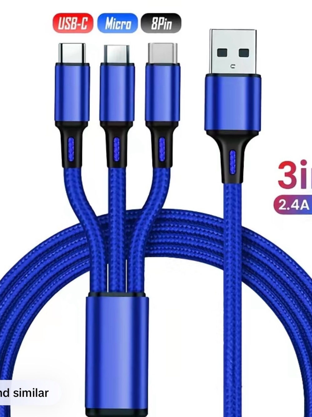 Universal 3-in-1 Blue Charging Cable USB-A to USB-C/Micro/Lightning